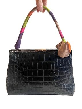 Miu Miu 90s Black Croc Embossed Leather Handbag with Scarf Handle Vintage Y2K